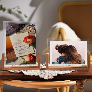 Signage stand with wooden base is used for home photo frames